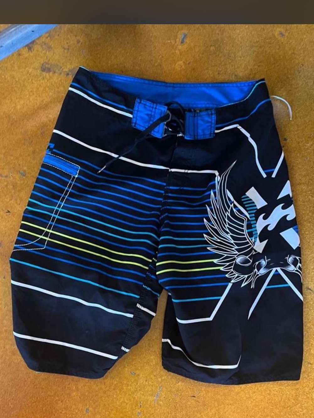 Y2K Billabong Black, Blue and Neon Green Striped Board Shorts